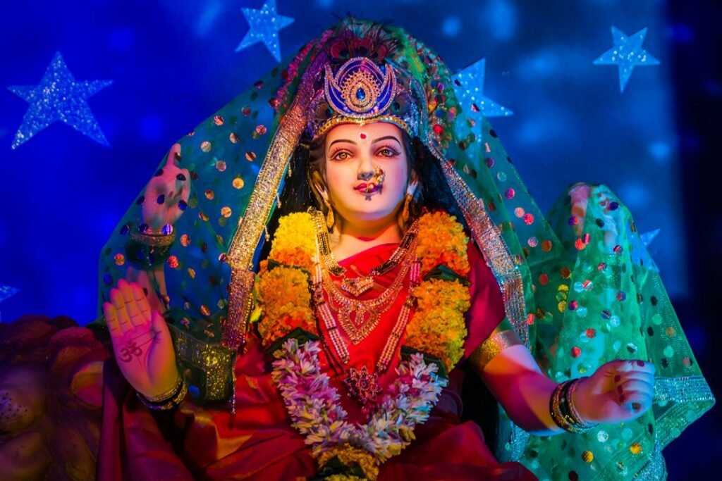 Navratri Events in Mumbai: Garba, Dandiya, Music & Celebrations to Look Forward To 2 Durga idol decorated with red sari and garlands for Navratri in Mumbai