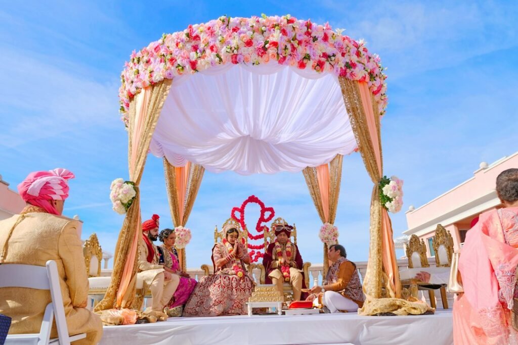 Indian wedding mandap with floral canopy decoration