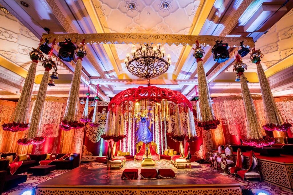 Luxury wedding reception stage decoration with chandeliers
