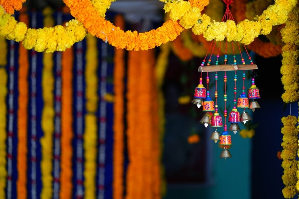 Marigold flower garland decoration for Ram Navami festival